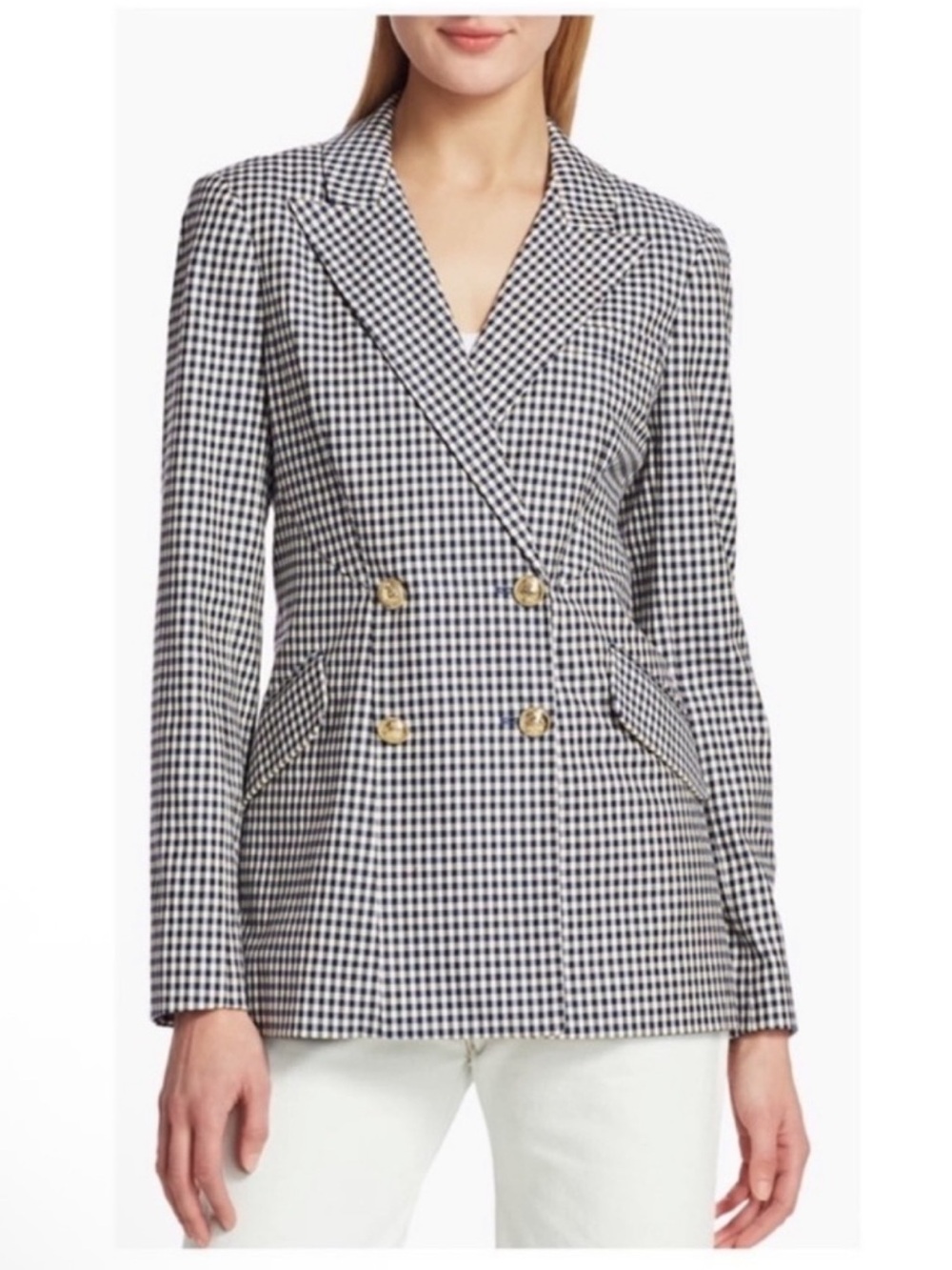 New! Derek Lam 10 Crosby Rodeo Gingham Double Breasted Blazer in Navy White
